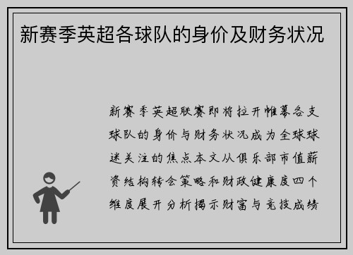 新赛季英超各球队的身价及财务状况